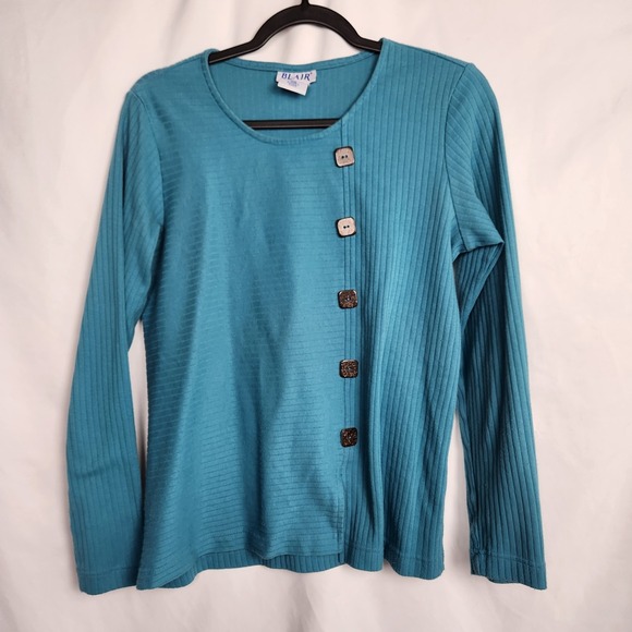 Blair Womens Long Sleeve Ribbed Top Round Neck Square Button Accents Size Medium - Picture 1 of 6